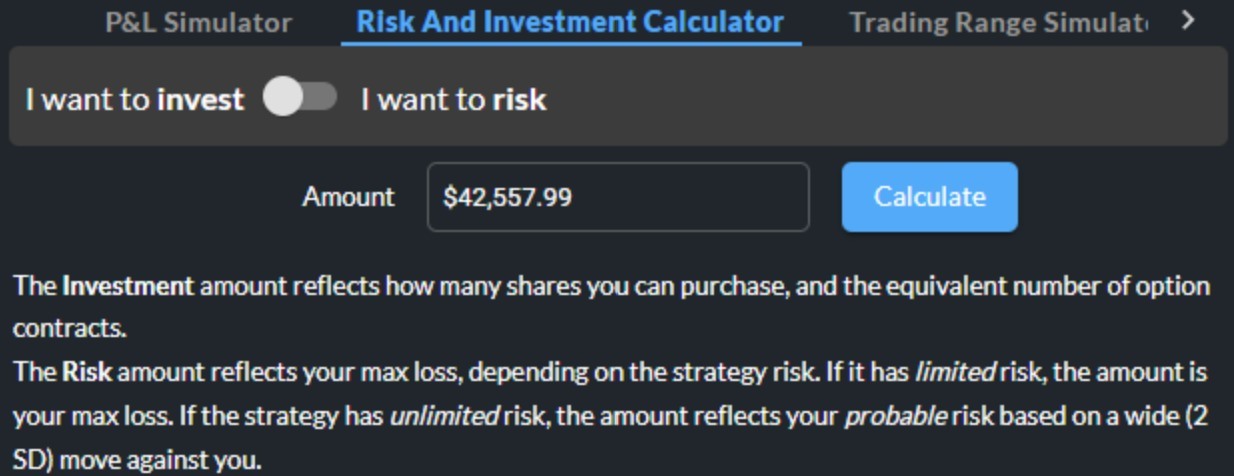 Options Launchpad Risk and Investment Calculator showing position sizing