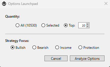 Options Launchpad dialog for selecting quantity and bullish or bearish strategy focus