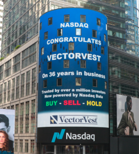 Billboard announcement congratulating the VectorVest team for 36 years in the stock trading business.