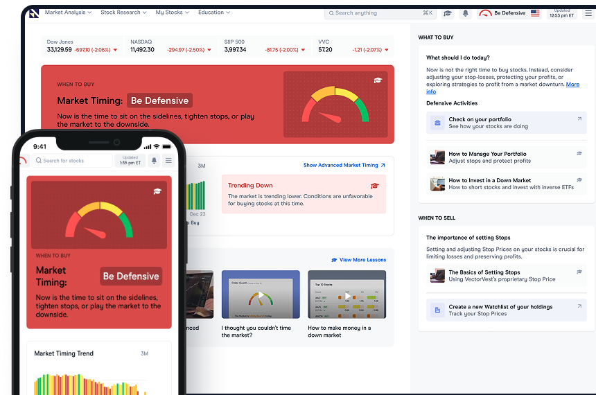 Be Defensive A mobile phone and desktop display VectorVest's online trading platform. The screens show a stock trading interface with a clear "BUY," "Sell," or "Hold" recommendation prominently highlighted.