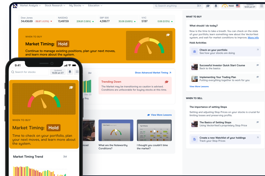 Hold A mobile phone and desktop display VectorVest's online trading platform. The screens show a stock trading interface with a clear "BUY," "Sell," or "Hold" recommendation prominently highlighted.