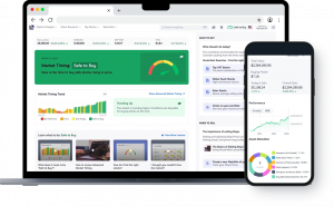 Stock trading platform shown on desktop and mobile devices – buy/sell signals for thousands of stocks.