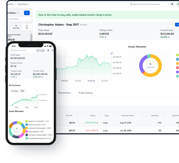 Web App Ecomm V2 Desktop and mobile stock performance chart showing historical trends and trading indicators