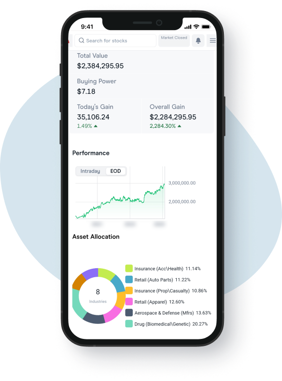 Hero-Image VectorVest Market Launchpad mobile portfolio dashboard displaying brokerage account value, buying power, portfolio performance, intraday chart, and asset allocation by industry.