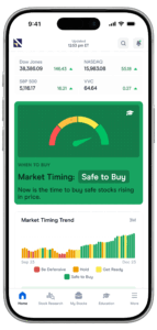 home-safe VectorVest Market Launchpad mobile app dashboard displaying stock market indexes, market timing indicator showing "Safe to Buy," and a three-month market trend chart to help investors identify buying opportunities.