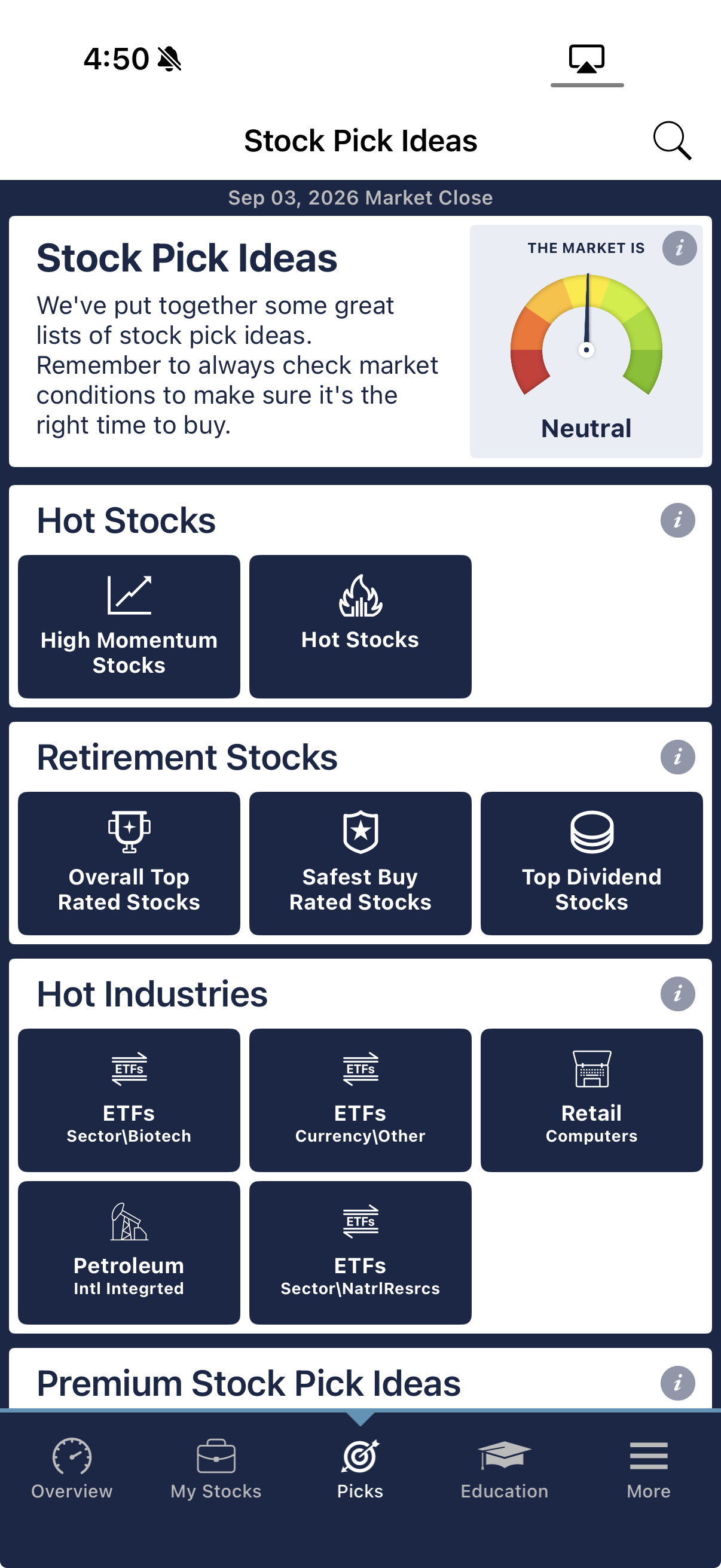 The Stock Advisory app showing ranked stocks with Value, Safety and Timing ratings
